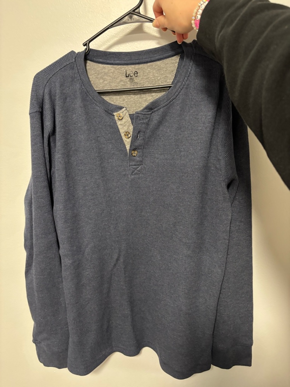 Lee Men's Navy Blue Henley Waffle Knit Long Sleeve Shirt